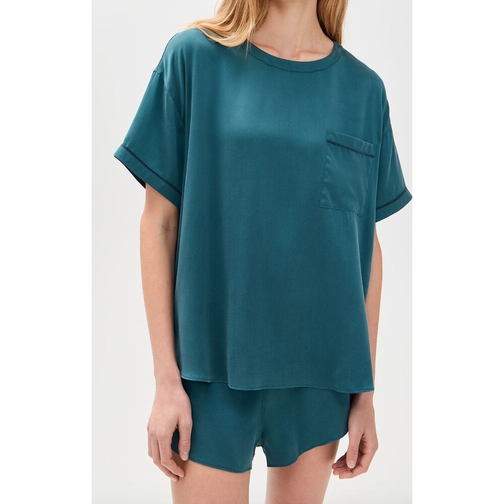 Lunya Silk Pajamas Set piped tee shorts womens Blue (small) loungewear natural